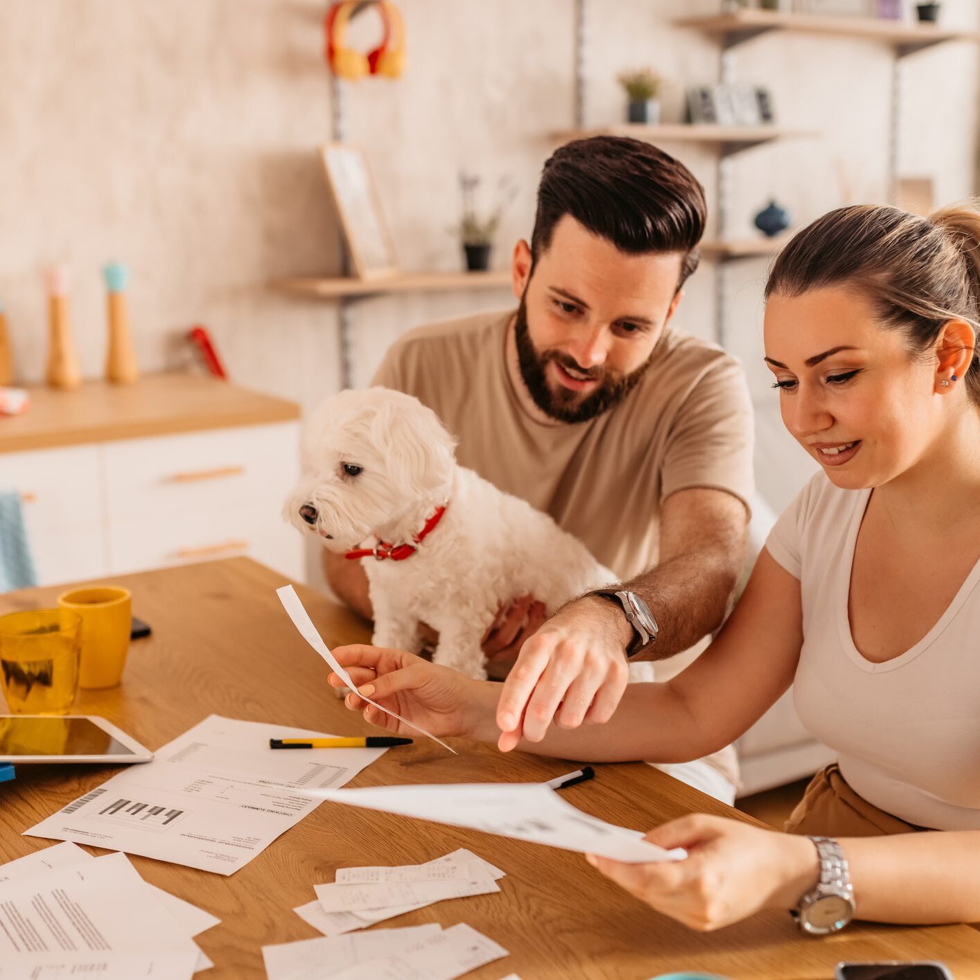 Couple reviewing documents with dog nearby